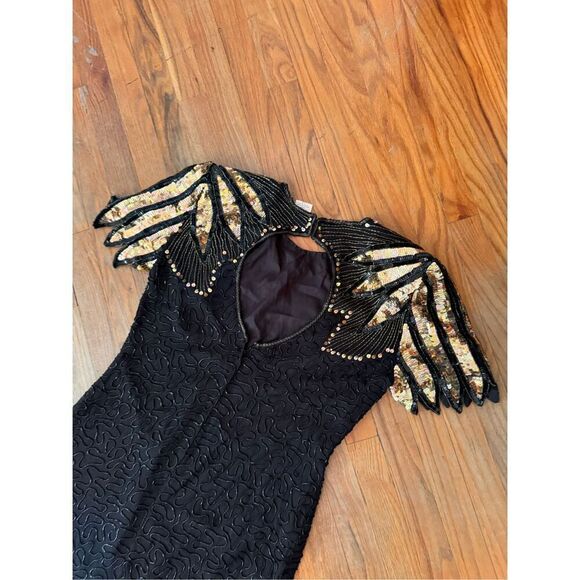 Vintage 80s Laurence Kazar Black Gold Cocktail Silk Sequin Beaded Midi Dress - Picture 5 of 10
